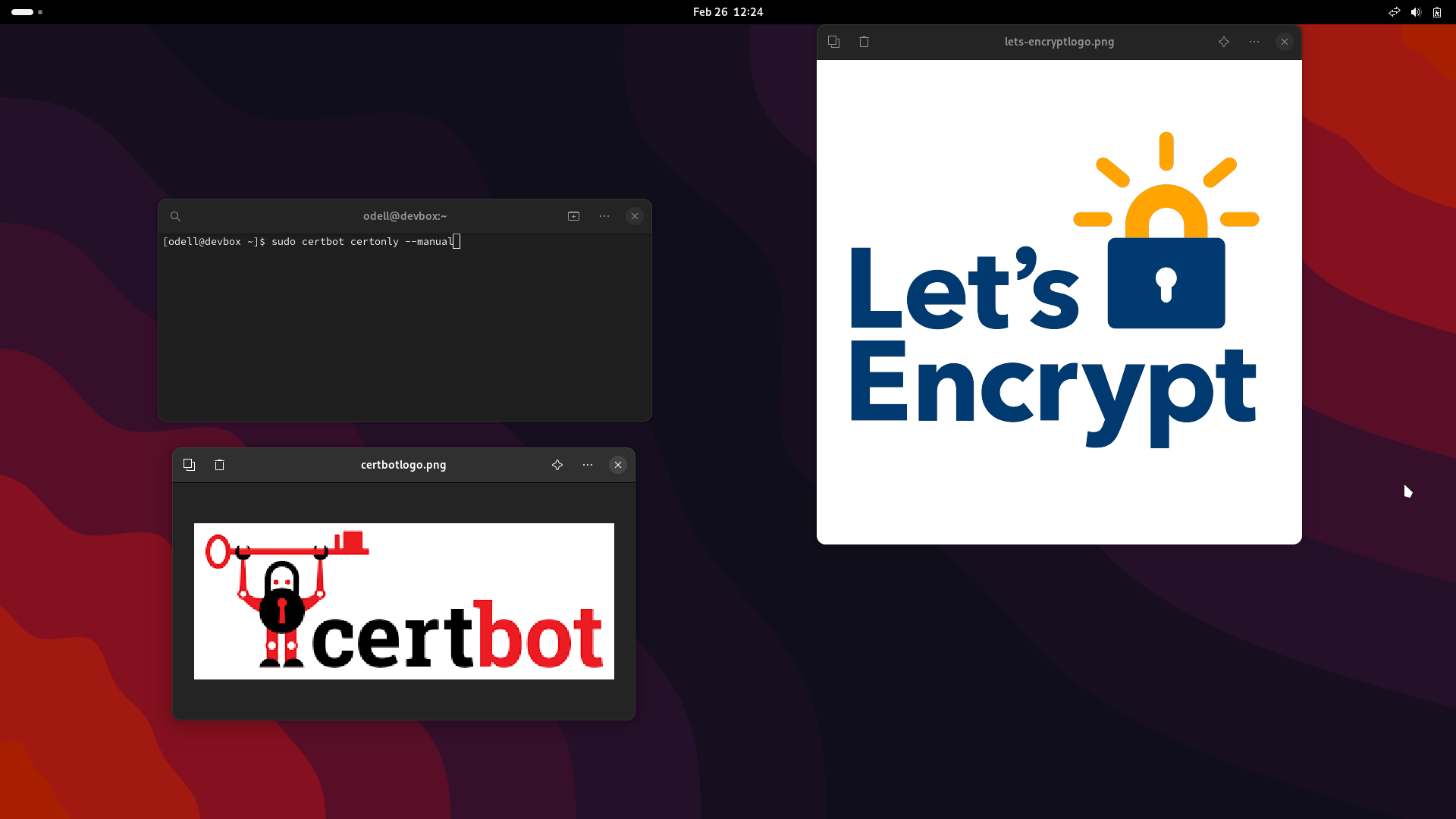 gnome desktop with let's encrypt and certbot logos